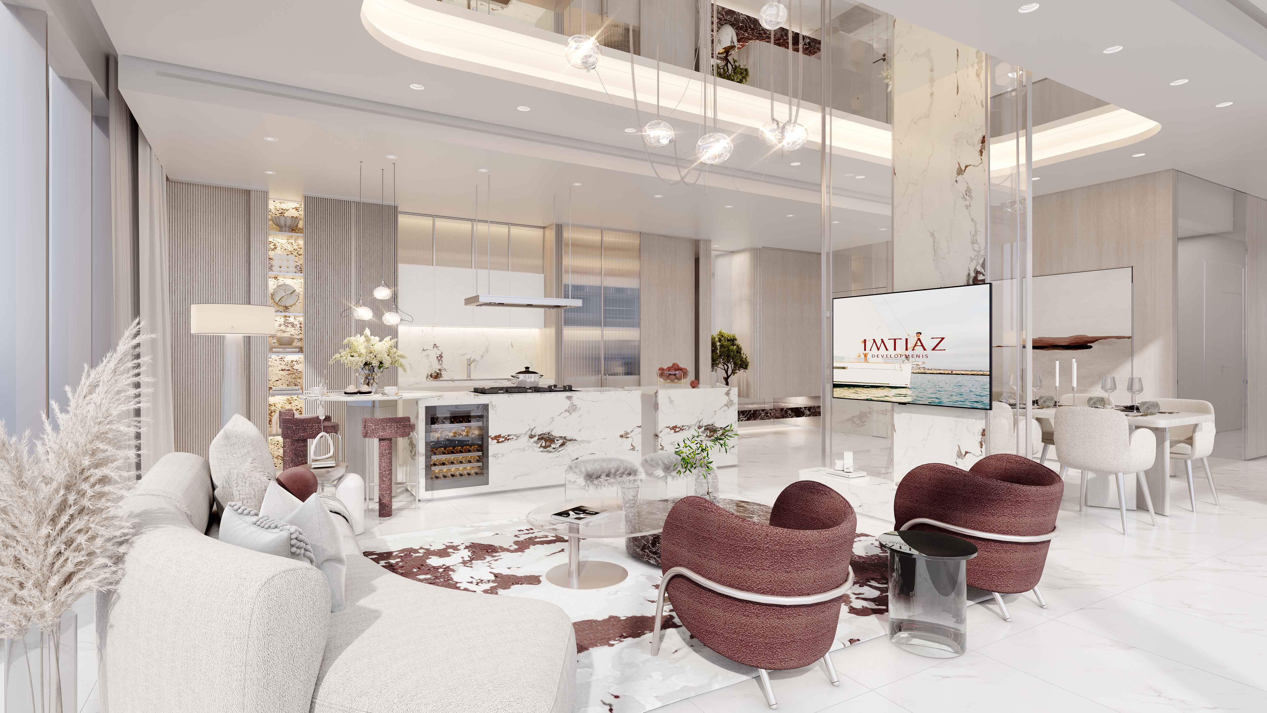 Cotier House 2 By Imtiaz A modern, elegant living space featuring a sleek kitchen, cozy seating area, and tasteful decor elements.